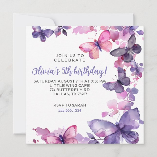 Purple Watercolor Butterfly Girl's Birthday Invitation (Front)