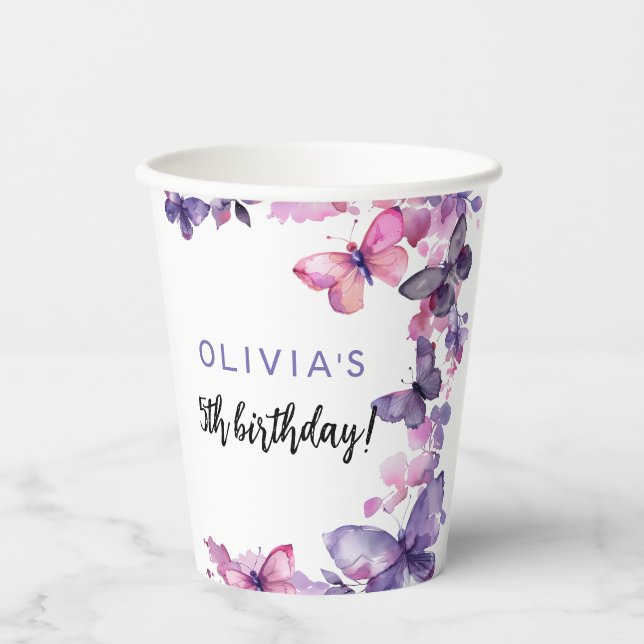 Purple Watercolor Butterfly Girl's Birthday Paper Cups (Front)