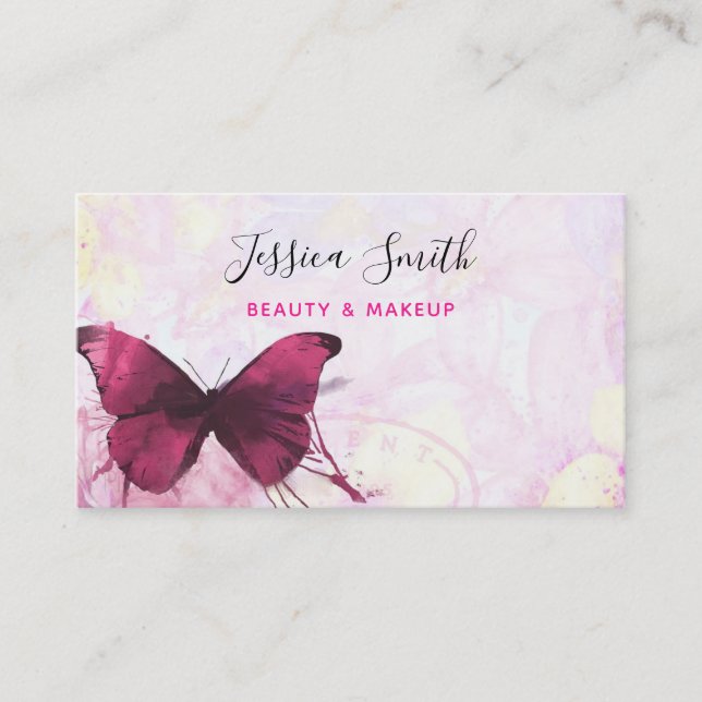 Purple Watercolor Butterfly on Pink and Yellow Business Card (Front)