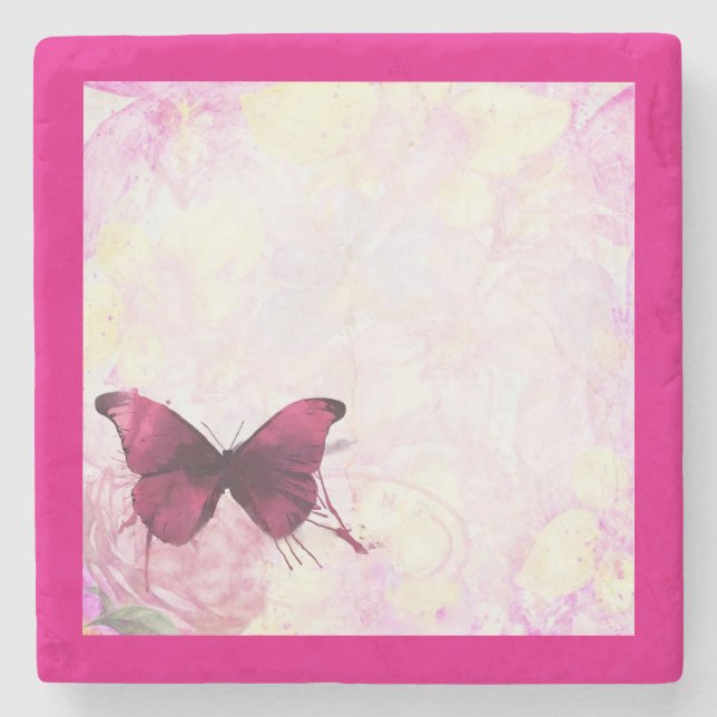 Purple Watercolor Butterfly on Pink and Yellow Stone Coaster (Front)