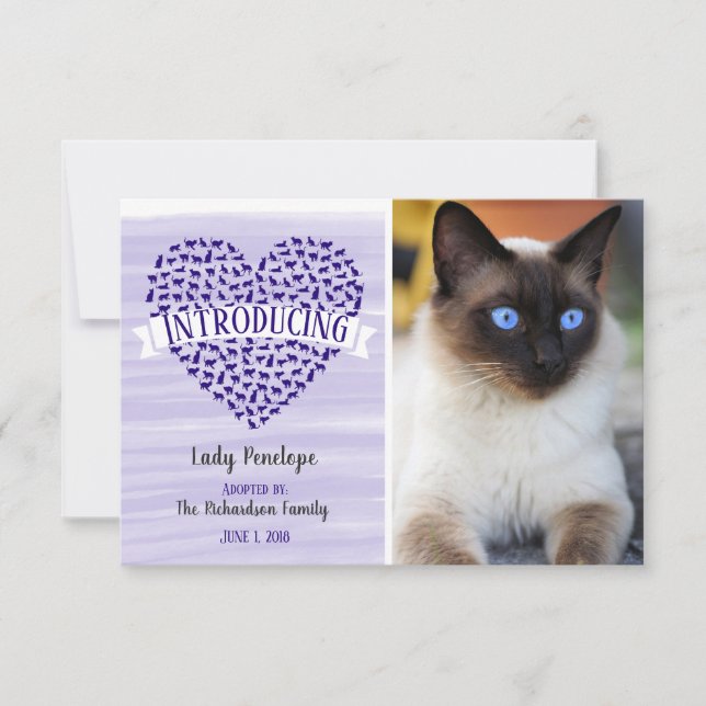 Purple Watercolor Cat Heart Pet Photo Announcement (Front)