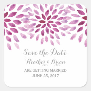 Purple Watercolor Chrysanthemum Save the Date Square Sticker