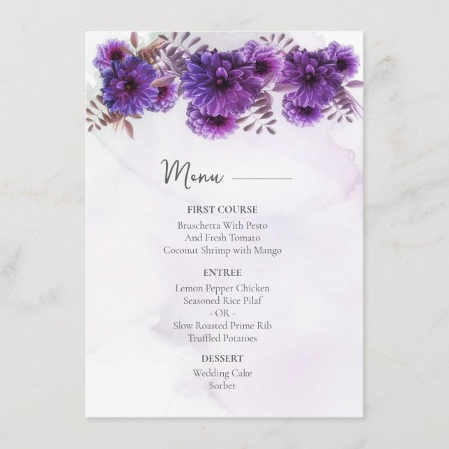 Purple Watercolor Chrysanthemum Wedding  Menu (Front)