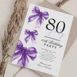 Purple Watercolor Coquette Bow 80th Birthday Invitation