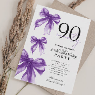 Purple Watercolor Coquette Bow 90th Birthday Party Invitation