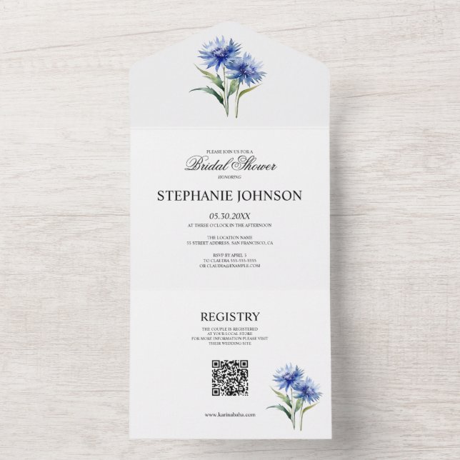 Purple Watercolor Cornflower WIldflower Bridal  All In One Invitation (Inside)
