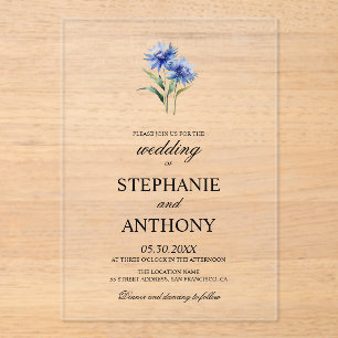 Purple Watercolor Cornflower WIldflower Wedding Acrylic Invitations