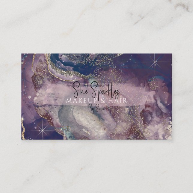 Purple Watercolor Cosmic Galaxy Sparkle Beauty Business Card (Front)