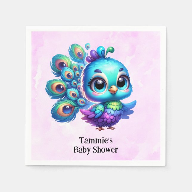 Purple Watercolor Cute Peacock Girl Baby Shower Napkin (Front)