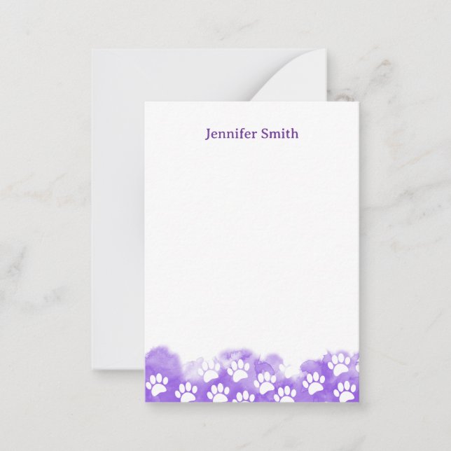 Purple Watercolor Dog Paw Personalized Stationery Card (Front)