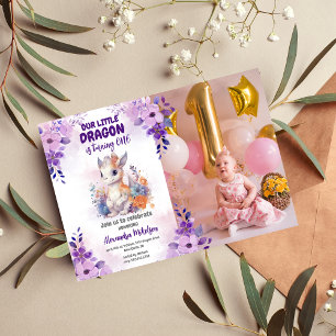 Purple Watercolor Dragon Baby 1st Birthday Photo Invitation