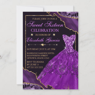 Purple Watercolor Dress & Glitter Agate Sweet 16 Invitation