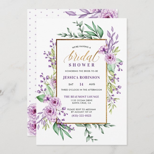 Purple Watercolor & Elegant Script Bridal Shower Invitation (Front/Back)