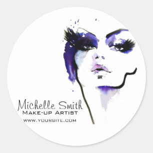 Purple watercolor face makeup artist branding classic round sticker