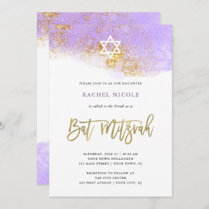 Purple Watercolor   Faux Gold Bat Mitzvah Invitation