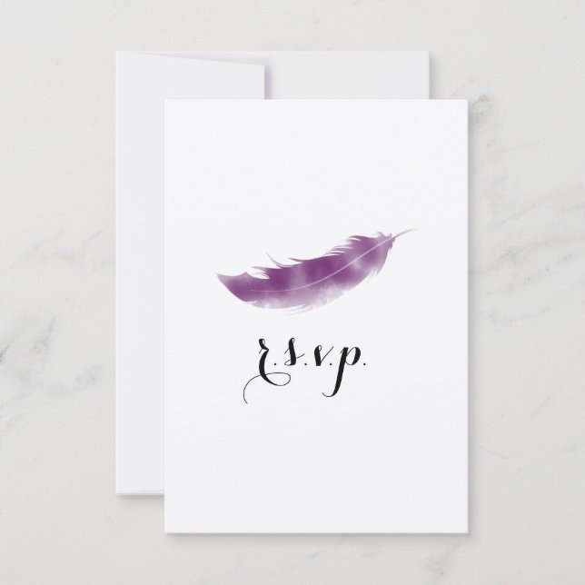 Purple Watercolor Feather Wedding RSVP Card (Front)