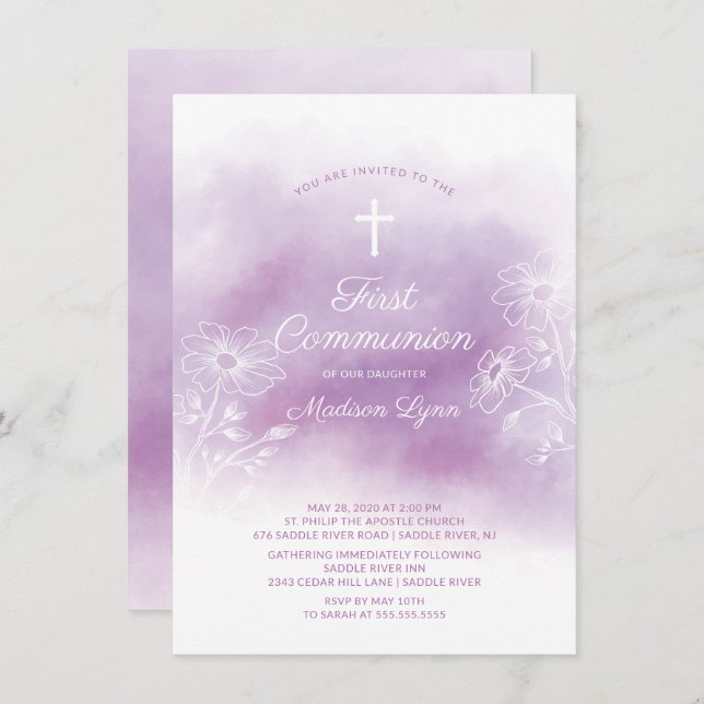 Purple Watercolor First Communion Invitation (Front/Back)