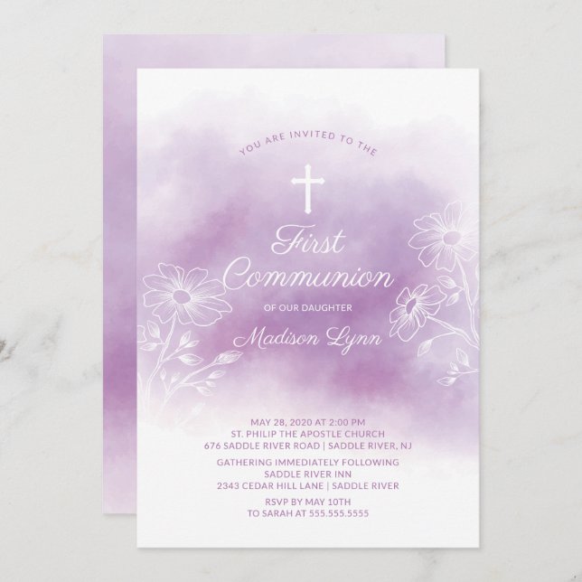 Purple Watercolor First Holy Communion Invitation (Front/Back)