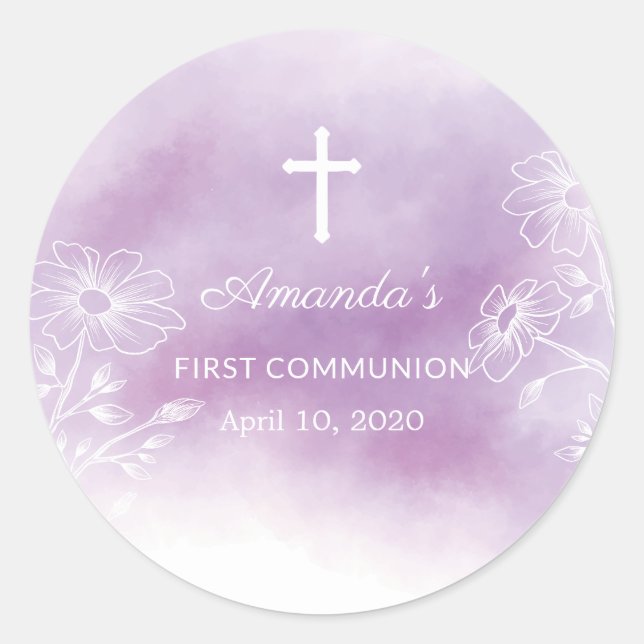 Purple Watercolor First Holy Communion Sticker (Front)