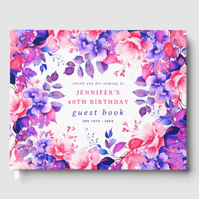 Purple Watercolor Floral 40th Birthday Guest Book (Front)
