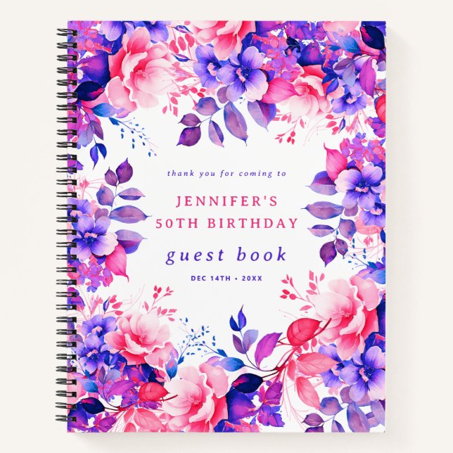 Purple Watercolor Floral 50th Birthday Guest Book (Front)