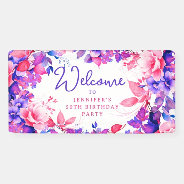Purple Watercolor Floral 50th Birthday Party Banner (Horizontal)