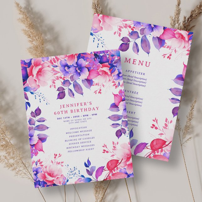 Purple Watercolor Floral 60 Birthday Program Menu Invitation (Purple Watercolor Floral 60 Birthday Program Menu)