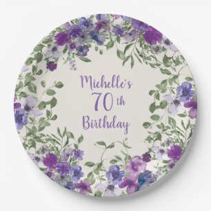 Purple Watercolor Floral 70th Birthday    Paper Plate
