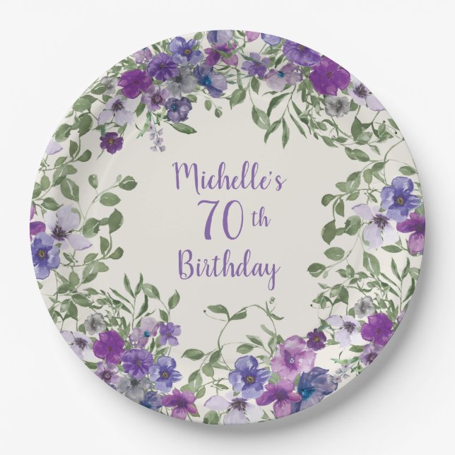 Purple Watercolor Floral 70th Birthday    Paper Plate (Front)