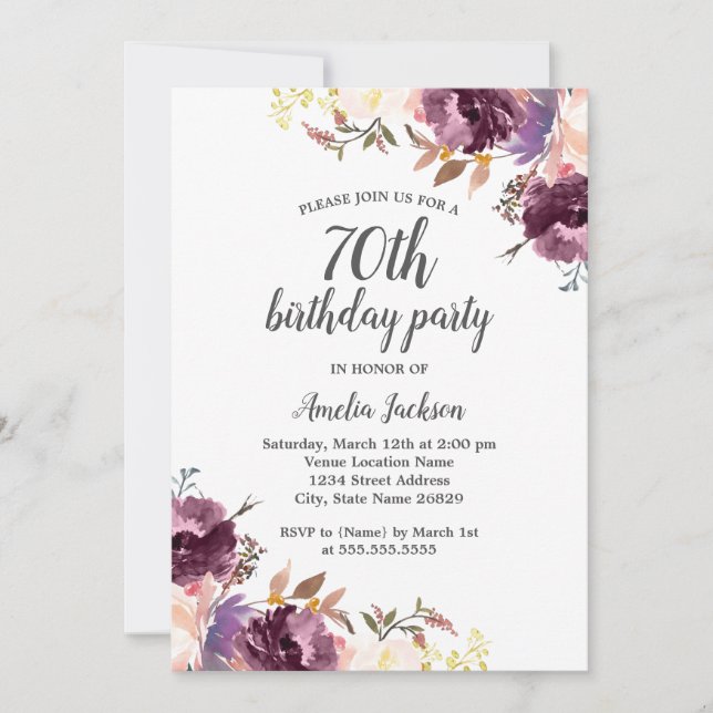 Purple Watercolor Floral 70th Birthday Party Invitation (Front)