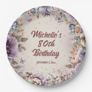 Purple Watercolor Floral 80th Birthday Paper Plate