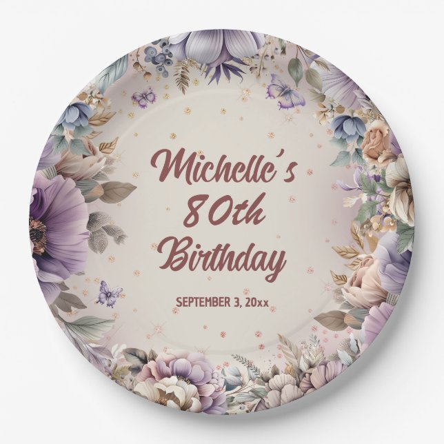 Purple Watercolor Floral 80th Birthday Paper Plate (Front)