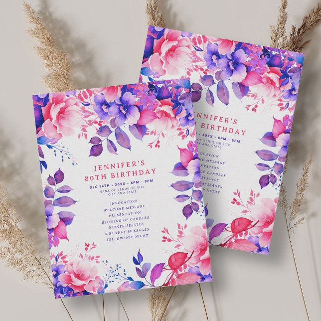 Purple Watercolor Floral 80th Birthday Program  Invitation (Purple Watercolor Floral 80th Birthday Program )