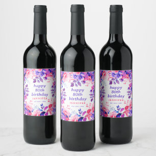 Purple Watercolor Floral 80th Happy Birthday Wine Label