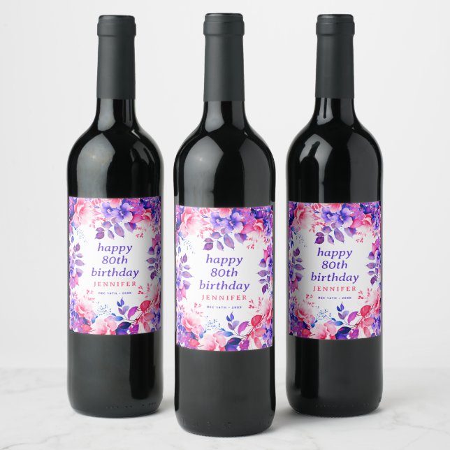 Purple Watercolor Floral 80th Happy Birthday  Wine Label (Bottles)