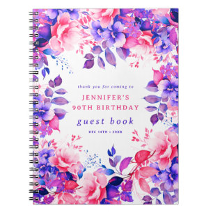 Purple Watercolor Floral 90th Birthday Guest Book