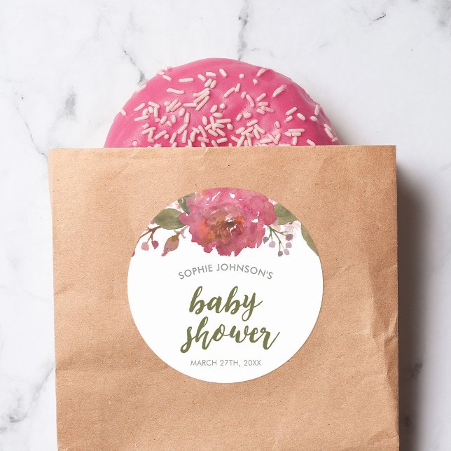 Purple Watercolor Floral Baby Shower Classic Round Sticker (Creator Uploaded)