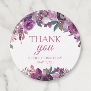 Purple Watercolor Floral Birthday Thank You  Favour Tags