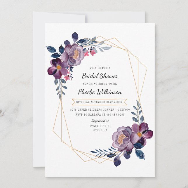 Purple Watercolor Floral Blush Bridal Shower Invitation (Front)