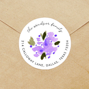Purple Watercolor Floral Bouquet Return Address Classic Round Sticker