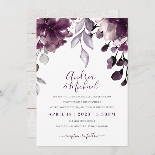 Purple Watercolor Floral Bouquet Wedding Invitation (Front/Back)