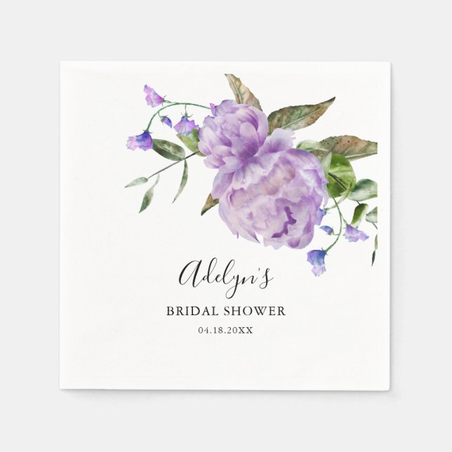 Purple Watercolor Floral Bridal Shower  Napkin (Front)