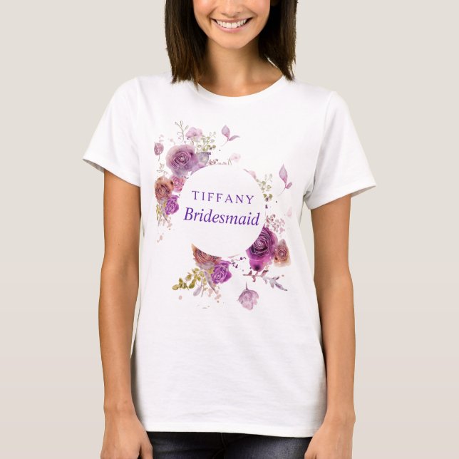 Purple watercolor floral bridesmaid T-Shirt (Front)