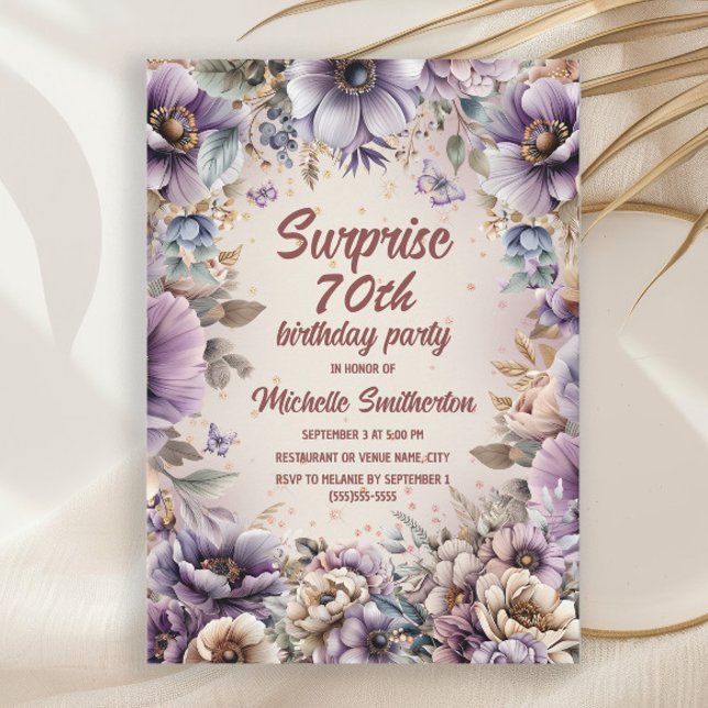 Purple Watercolor Floral Butterflies Surprise 70th Invitation (Purple watercolor floral and butterflies surprise 70th birthday party invitation for her)