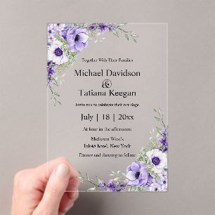 Purple Watercolor Floral Clear Acrylic Wedding Invitations