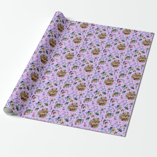 Purple Watercolor Floral Cross Pattern Easter Wrapping Paper (Unrolled)