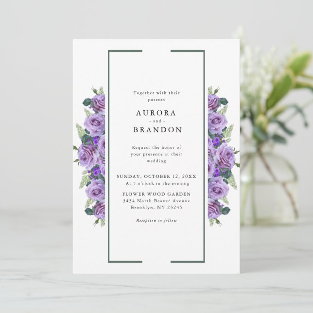 Purple Watercolor Floral Elegant Wedding Invitation (Standing Front)