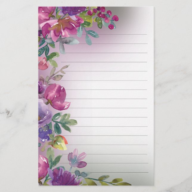 Purple Watercolor Floral Foliage Nature Lined Stat Stationery (Front)