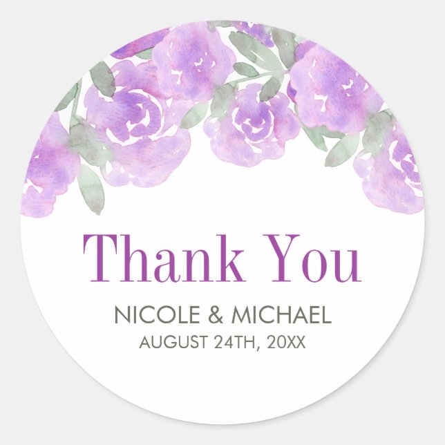 Purple Watercolor Floral Garden Wedding Classic Round Sticker (Front)