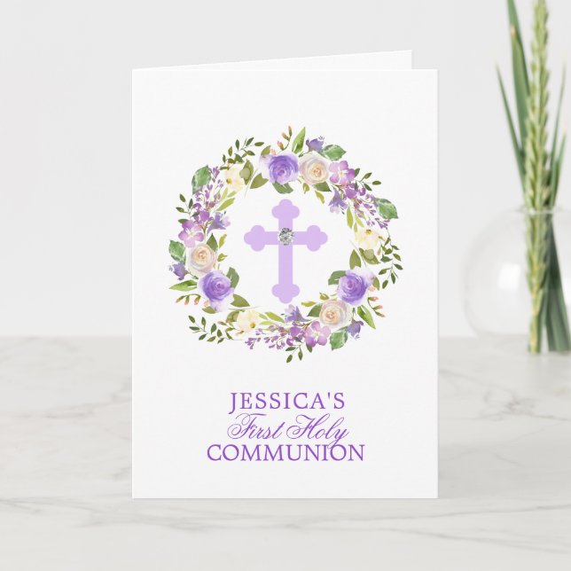 Purple Watercolor Floral Girl First Holy Communion Card (Front)